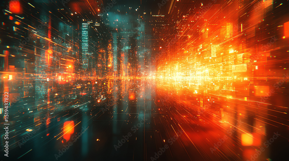 Poster futuristic abstract background featuring vibrant lights and digital patterns, symbolizing innovation