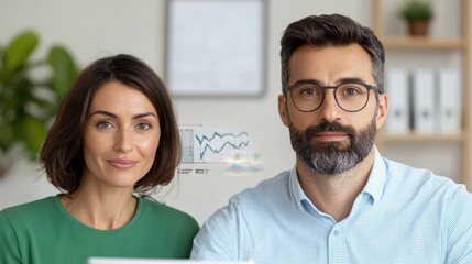 Fototapeta premium Professional couple in a modern office environment with financial charts and data analysis