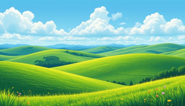 create a vibrant and picturesque summer scene featuring rolling hills covered with lush green grass under a blue sky dotted with fluffy white clouds