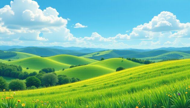create a vibrant and picturesque summer scene featuring rolling hills covered with lush green grass under a blue sky dotted with fluffy white clouds