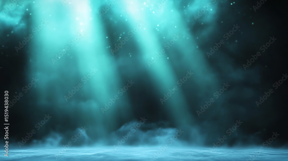 Poster mysterious underwater light beams illuminating a serene aquatic landscape filled with ethereal fog a