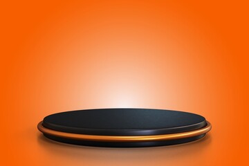 3D black Podium Display on orange gradient Background for Product Presentation Display or Award Ceremony