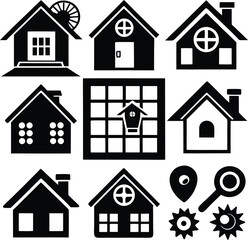 Collection of black and white house icons with additional symbols