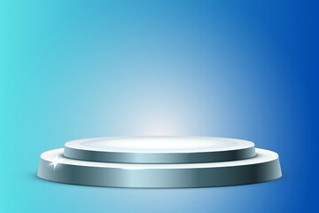 "3D Silver Podium Display on blue gradient Background for Product Presentation Display or Award Ceremony"