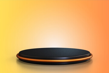 "3D black Podium Display on Orange gradient Background for Product Presentation Display or Award Ceremony"