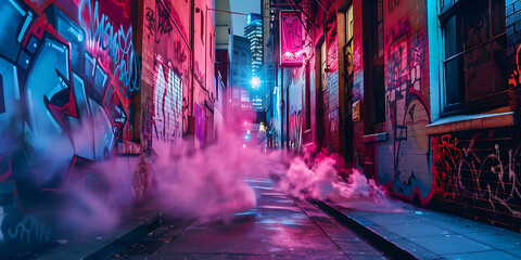 Fototapeta premium Misty Urban Alley Illuminated by Vibrant Pink and Blue Lights Showcasing Colorful Graffiti on the Walls