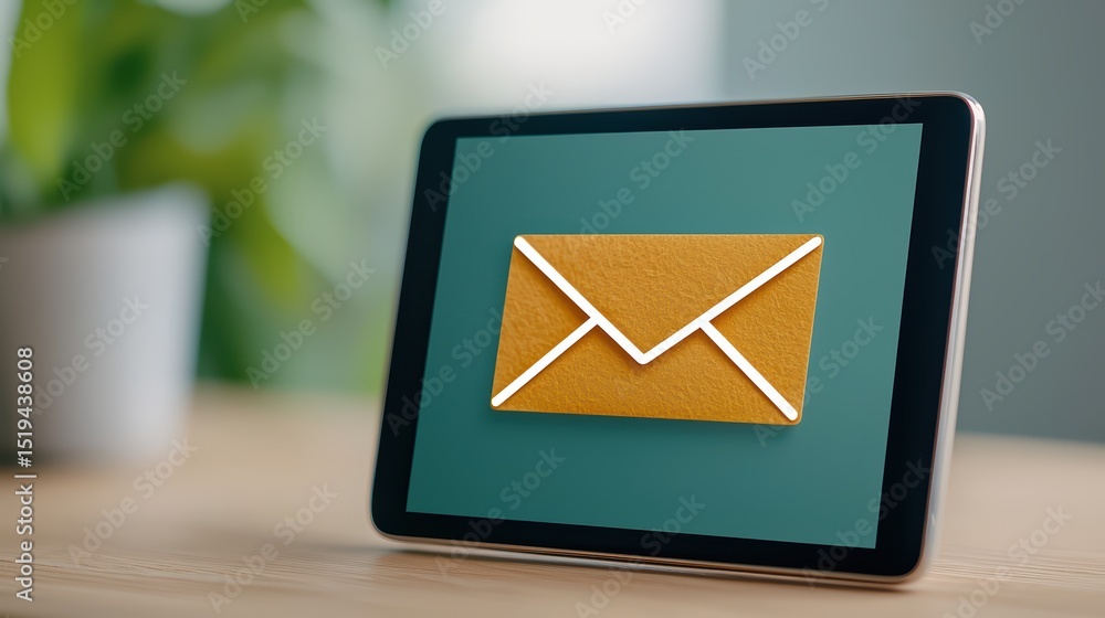 Poster modern digital device displaying email icon on screen with indoor natural greenery in background