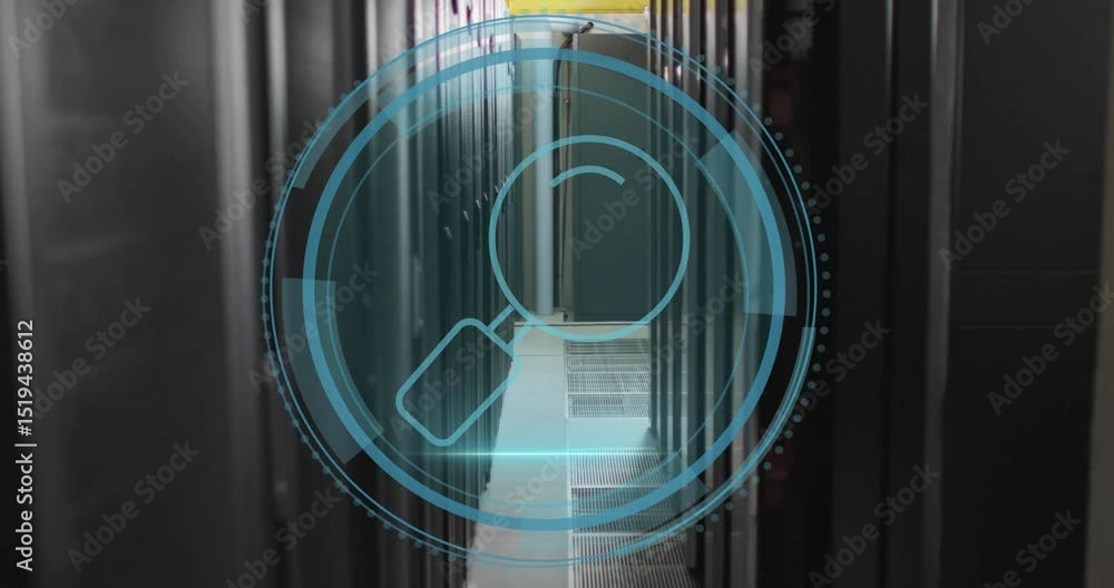 Poster shield outline appearing triggers rings forming at lens icon while beam scanning racks for security