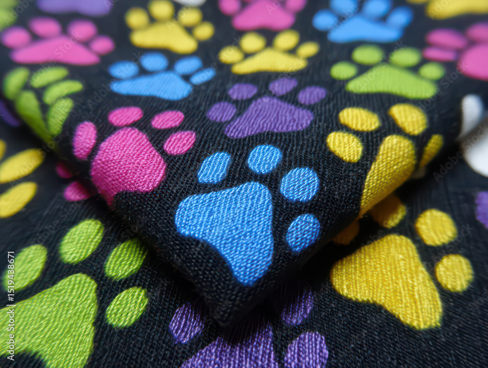 Poster colorful paw print pattern: a vibrant display of a black fabric with a multitude of vividly colored 
