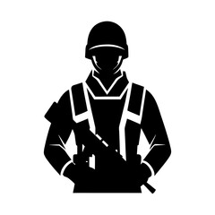 Illustration of a soldier in uniform holding a rifle in a monochrome view