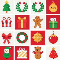 A collection of festive christmas icons featuring gifts trees wreaths and more