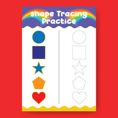 Shape Tracing Practice Worksheet template for Preschoolers and Kids, a4 print ready worksheet vector template for kids suitable for back to school