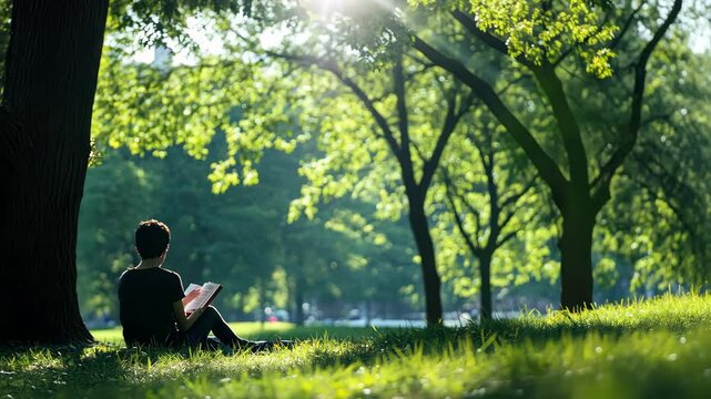 One person reading book under tree in green grass park setting, peaceful lifestyle outdoors