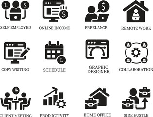 Freelance icon set.Freelance & Productivity Icons A Clean and Stylish Collection.Containing work online, freelancer, laptop, home office, client meeting, self-employed, graphic designer and more.