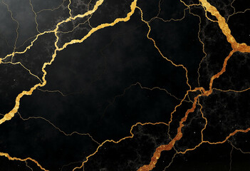 Black marble with thin glowing golden veins, elegant and luxurious.

