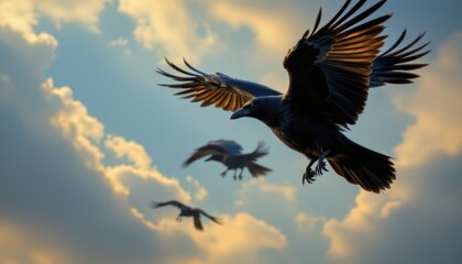 Fototapeta premium create a captivating image featuring a set of raven crow birds, each with its wings spread wide, soaring ethereally in the sky, position them on the right side of the frame