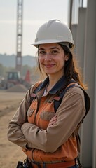 Smiling adult woman in a white hard hat and work jacket standing with arms crossed at a construction site, representing women in engineering and construction.
