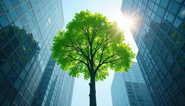 A vibrant green tree stands tall between modern glass skyscrapers under a bright blue sky with a sunburst, symbolizing urban sustainability.