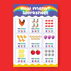 Counting Worksheet template for Kids Number Recognition and Matching Activity, a4 print ready worksheet vector template for kids suitable for back to school