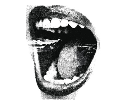 Mouth in scream, grunge psychedelic surreal design, vintage stipple photocopy effect, retro grainy texture, collage element, vector illustration, tattoo art, 90s aesthetic.