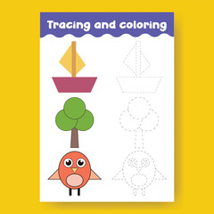 Tracing and Coloring Shapes Worksheet for Preschool Kids, an A4 printready worksheet vector template for kids suitable for back to school