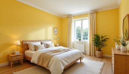 create a warm and inviting image of a contemporary style bedroom interior with natural wooden furniture and tables, the room has a brilliant and cheerful yellow tone