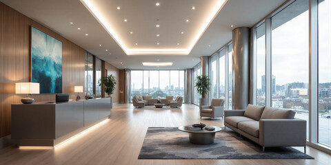 Minimalist waiting area with a sleek metal desk, comfortable upholstered chairs, and contemporary artwork. Task lighting highlights the reception desk