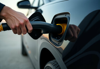 Close-up of a male hand plugging in a black charging cable to an electric vehicle