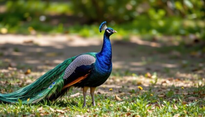 Fototapeta premium peacock with vibrant feathers at the bottom of a clear image under pristine daylight, position the subject clearly with ample copy space, optimized for photo use