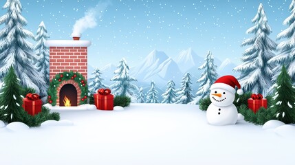 Cozy Winter Wonderland with Snowman, Christmas Gifts, and Snowy Evergreen Trees Under a Clear Blue Sky