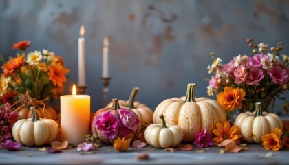 close up of candles, pumpkins, and flowers in a selective focus position, subject at the bottom with ample copy space at the top, optimized for photo use.