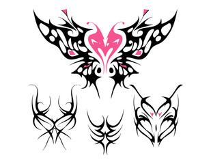 Vector illustration of neo tribal y2k tattoo, heart butterfly shape, emo gothic tribal tattoo design, cyber sigilism ornaments, black pink tattoo art, goth, butterfly tattoo, edgy illustrations.