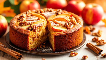 A delicious apple cake with walnut topping, perfect for autumn gatherings and cozy moments.