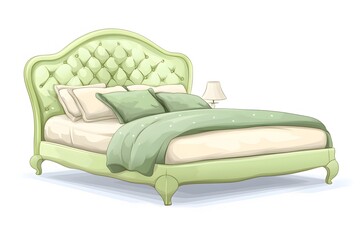 A light green tufted bed with pillows and duvet cover and a lamp on a white background illustration