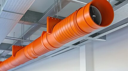 Orange duct with fan suspended from a ceiling