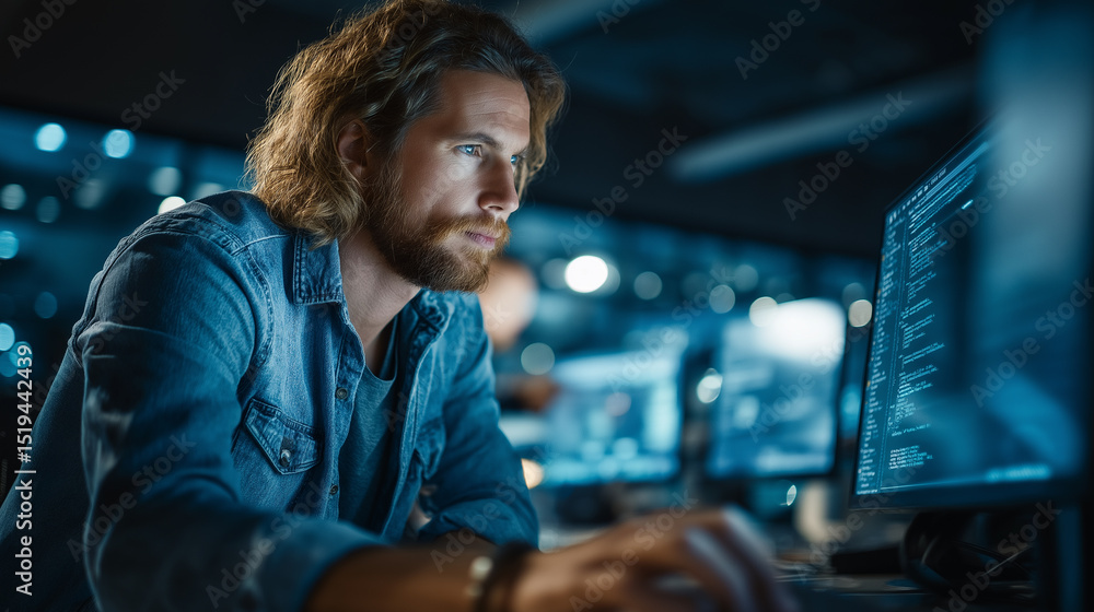 Poster A man with long hair is intently programming on his laptop in a contemporary office filled with computers and glowing screens. The atmosphere is lively and modern, creating a productive environment
