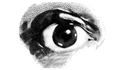Vintage halftone eye collage, pop art vector illustration, grunge punk design, retro dotted texture, surreal eye artwork, bold mixed media layout, abstract visual identity concept.