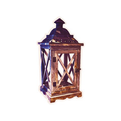 dy halftone collage of old woden lantern cut out an old newspaper. Isolated vector illustration colorful retro sticker with Bitmap and Dots texture. Vintage aesthetic, 90s vibe, nostalgic