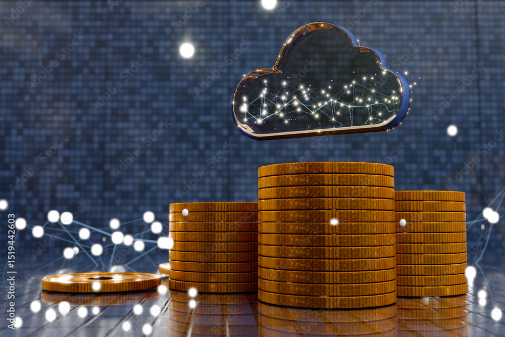 Poster digital coins stacked with cloud and network lights symbolizing efficiency saving and cloud computin