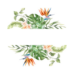 Tropical leaves frame with space for text. Plants strelitzia, monstera, palm, plumeria. Hand drawn watercolor illustration isolated. Postcards, invitations, summer banners, covers, labels.