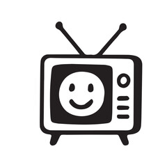 Simple black and white cartoon TV with happy face