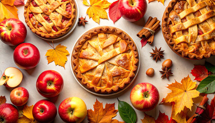 Delicious apple pies surrounded by fresh apples and autumn leaves, creating a festive fall atmosphere.