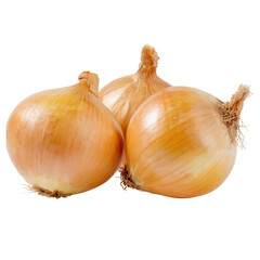 Three whole yellow onions with papery skins and dried stems.