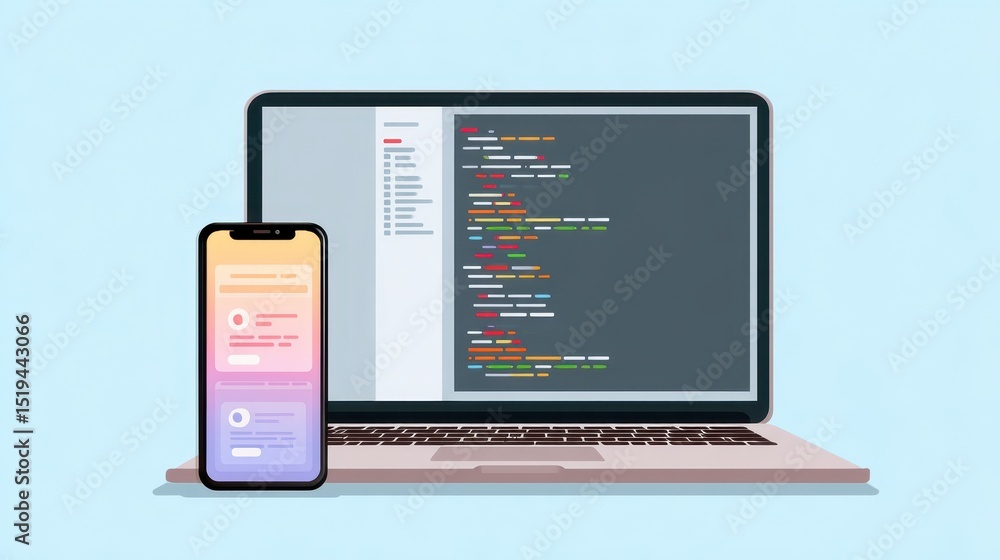 Aufkleber digital devices displaying code on a laptop and smartphone against a light blue background.
