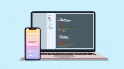 Digital devices displaying code on a laptop and smartphone against a light blue background.