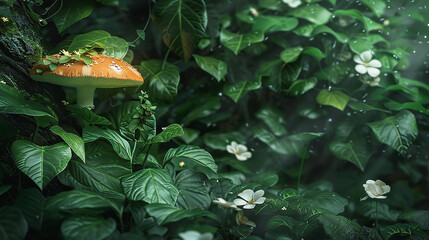Orange Mushroom in Lush Forest: Adobe Stock Image, Orange Mushroom Forest Floor - Nature Stock Photo