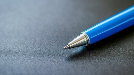 Close-Up of Metallic Blue Pen on Lined Black Surface Showing Silver Band