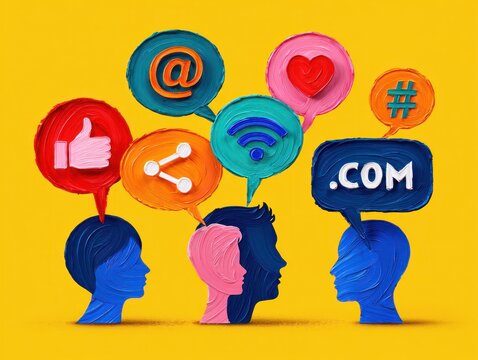 Colorful painted silhouettes of human heads with speech bubbles containing social media and internet communication icons on a bright yellow background