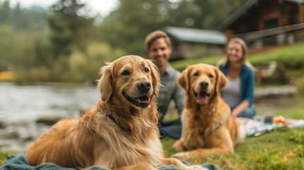 A couple brought their two golden retrievers to an outdoor picnic. They rested by the river, and the two pet dogs lay beside them obediently. People and animals get along harmoniously and warmly.