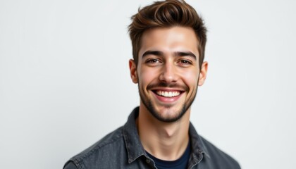 Obraz premium create a sparkling portrait of a handsome young man smiling and looking at the camera on a white background, position the subject on the right with ample copy space on the left